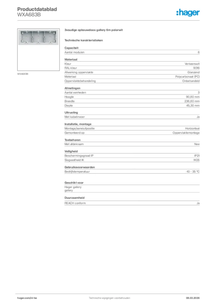 Afbeelding Hager Productdatablad WXA683B | Hager Belgium