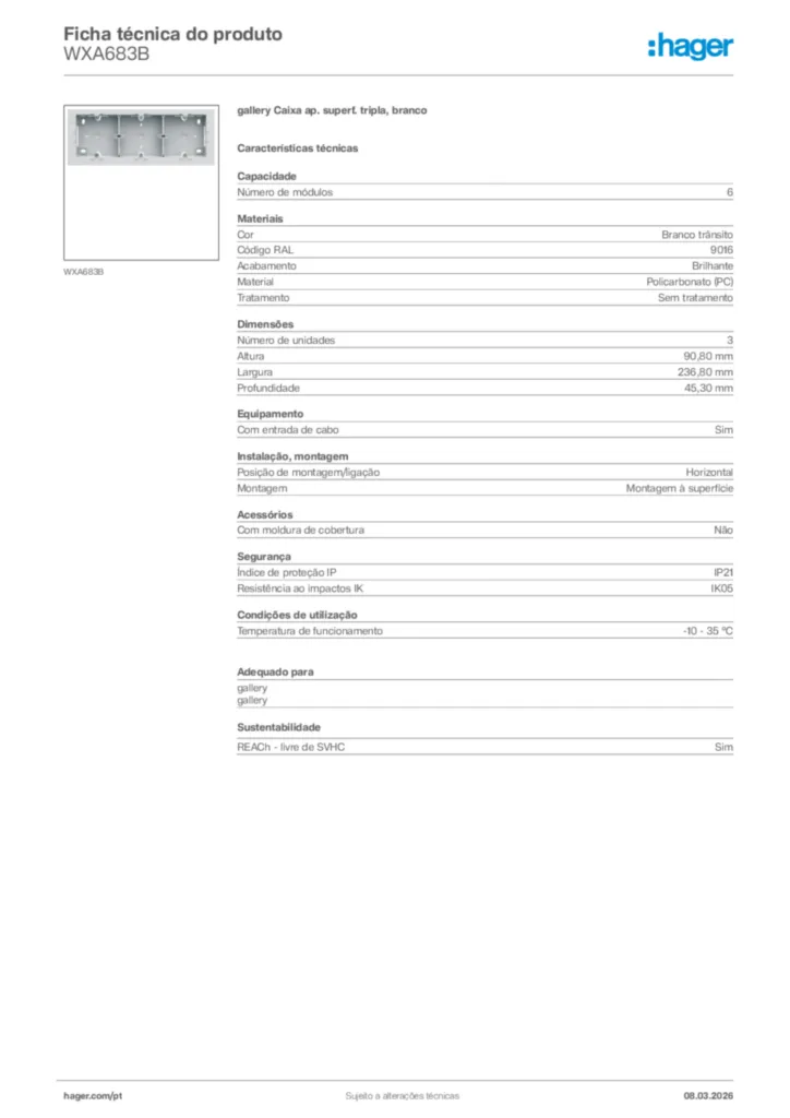 Imagem Hager Ficha técnica do produto WXA683B | Hager Portugal