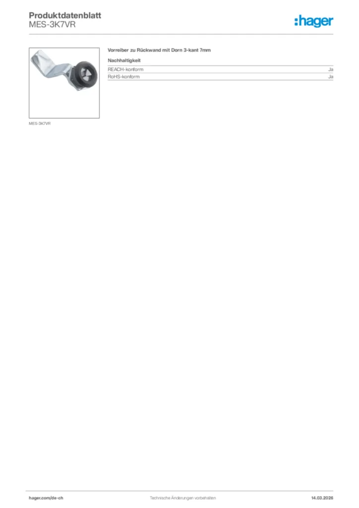Bild Hager Produktdatenblatt MES-3K7VR | Hager Schweiz