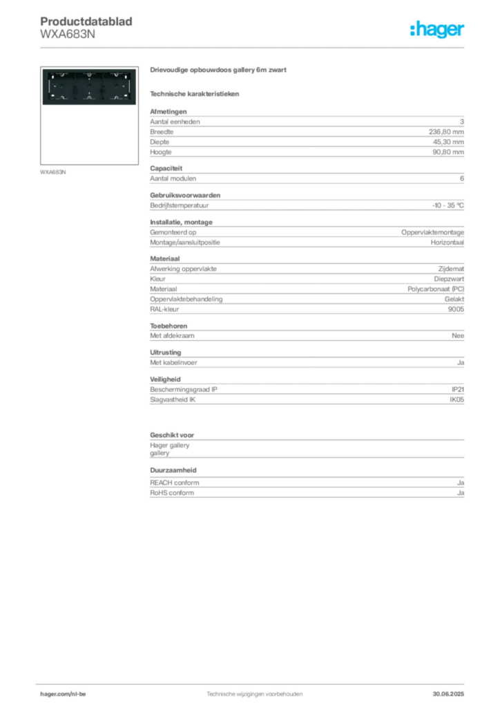 Afbeelding Hager Productdatablad WXA683N | Hager Belgium