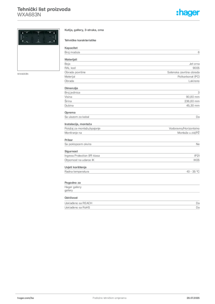 Slika Hager Product data sheet WXA683N  | Hager
