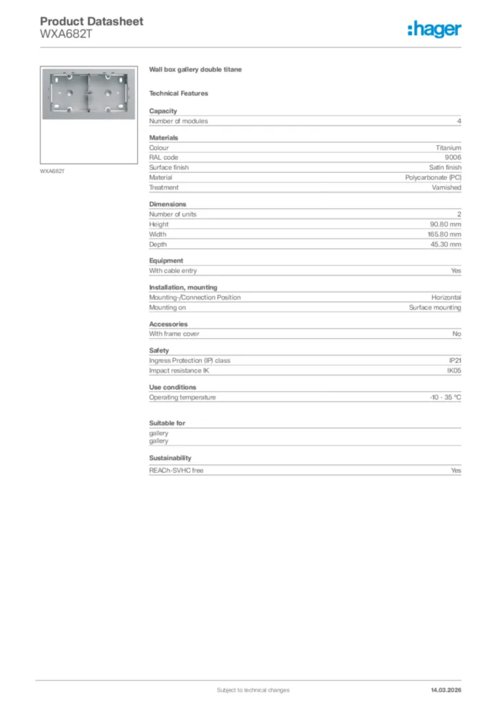 Image Hager Product data sheet WXA682T  | Hager Africa