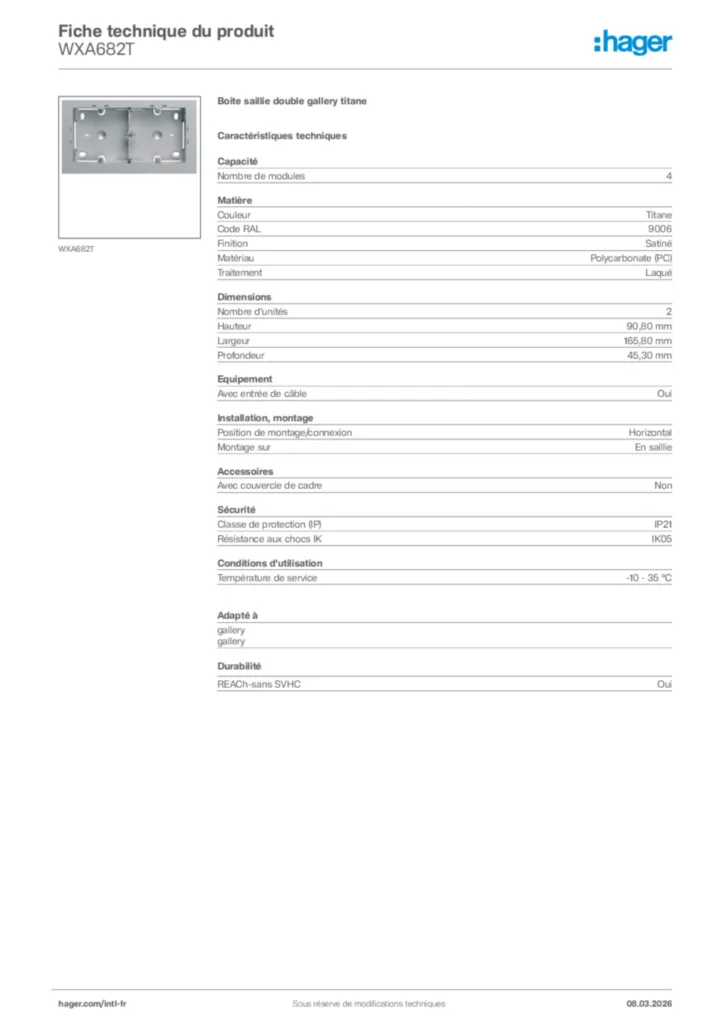 Image Hager Fiche technique du produit WXA682T | Hager Afrique