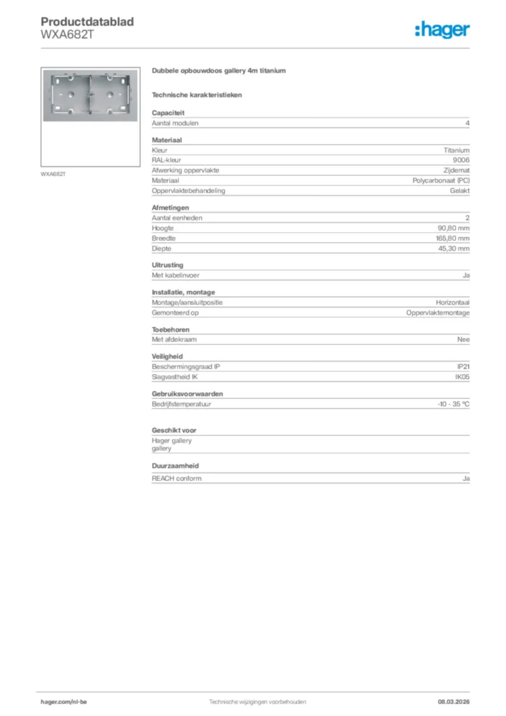 Afbeelding Hager Productdatablad WXA682T | Hager Belgium