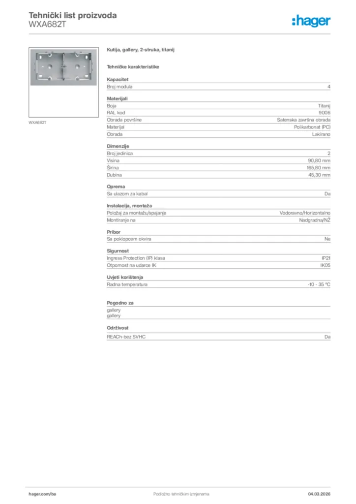 Slika Hager Tehnički list proizvoda WXA682T  | Hager