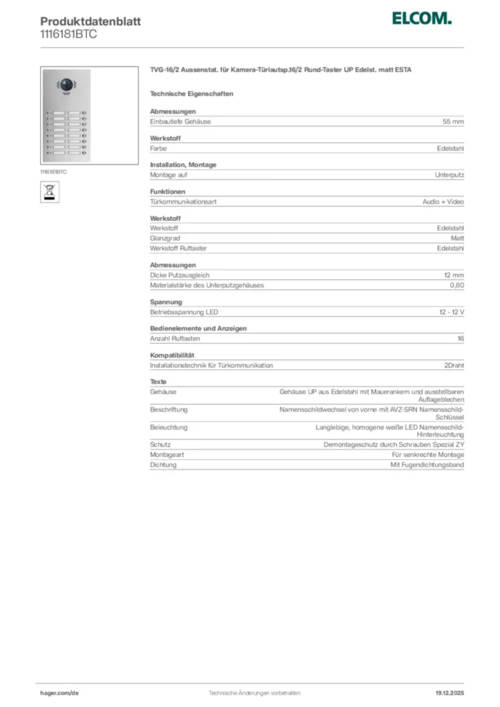 Bild Elcom Produktdatenblatt 1116181BTC | Hager Deutschland
