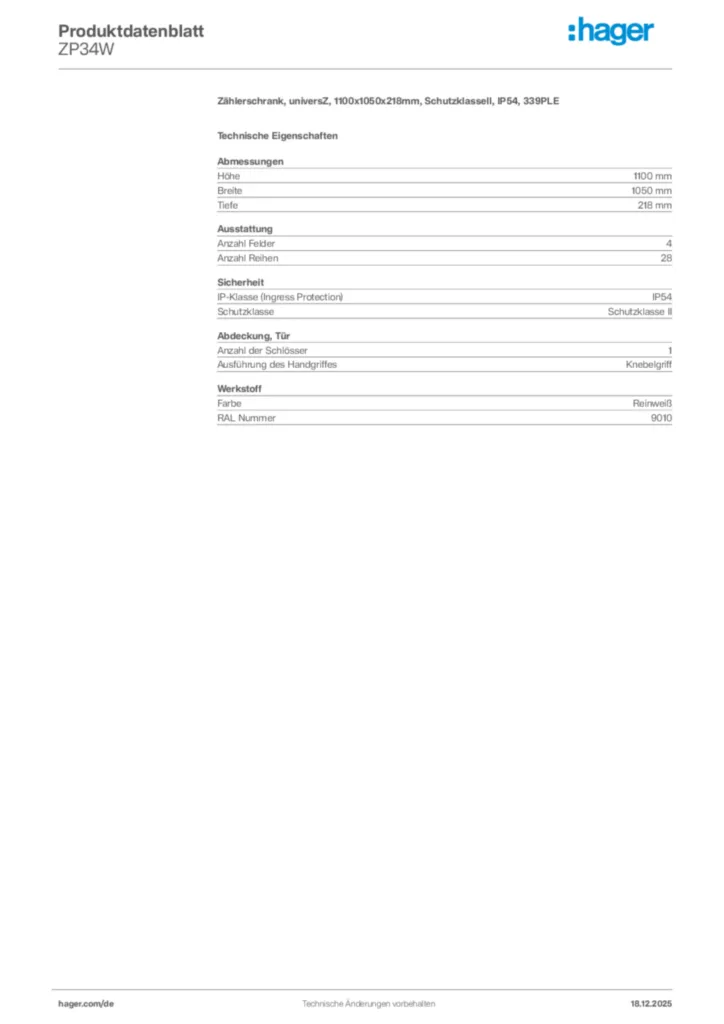 Bild Hager Produktdatenblatt ZP34W | Hager Deutschland