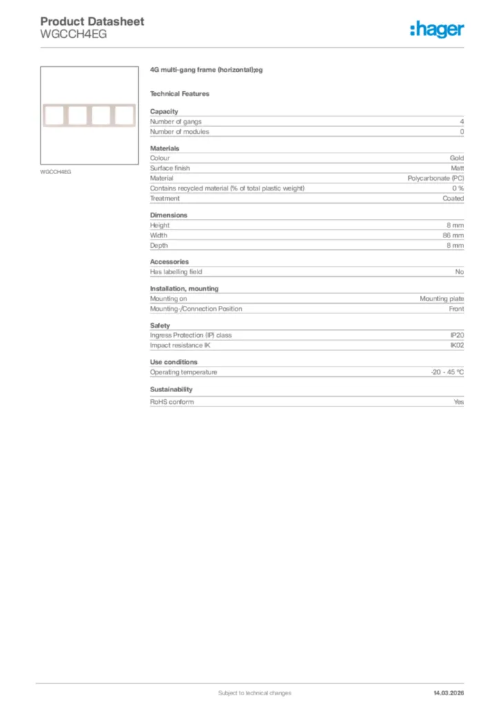 Image Hager Product data sheet WGCCH4EG  | Hager Africa