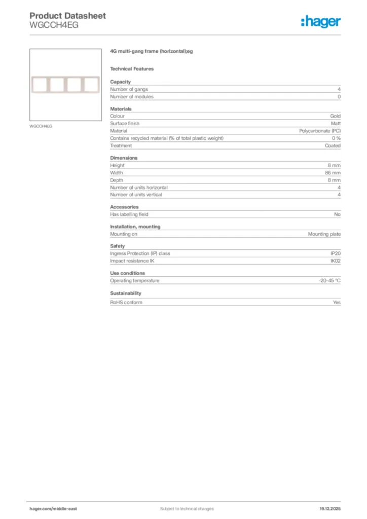 Image Hager Product data sheet WGCCH4EG  | Hager