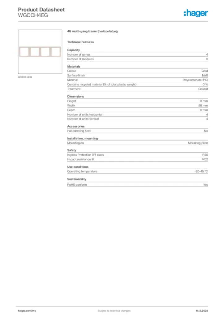 Image Hager Product data sheet WGCCH4EG  | Hager