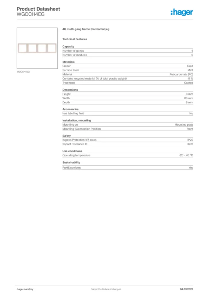 Image Hager Product data sheet WGCCH4EG  | Hager