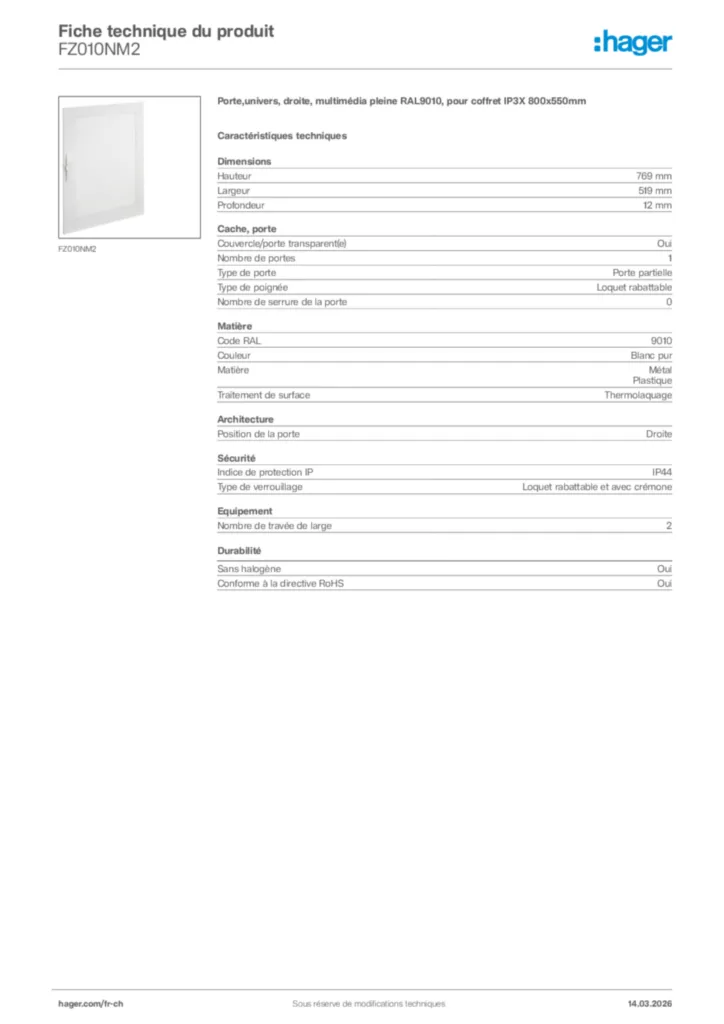 Image Hager Fiche technique du produit FZ010NM2 | Hager Suisse