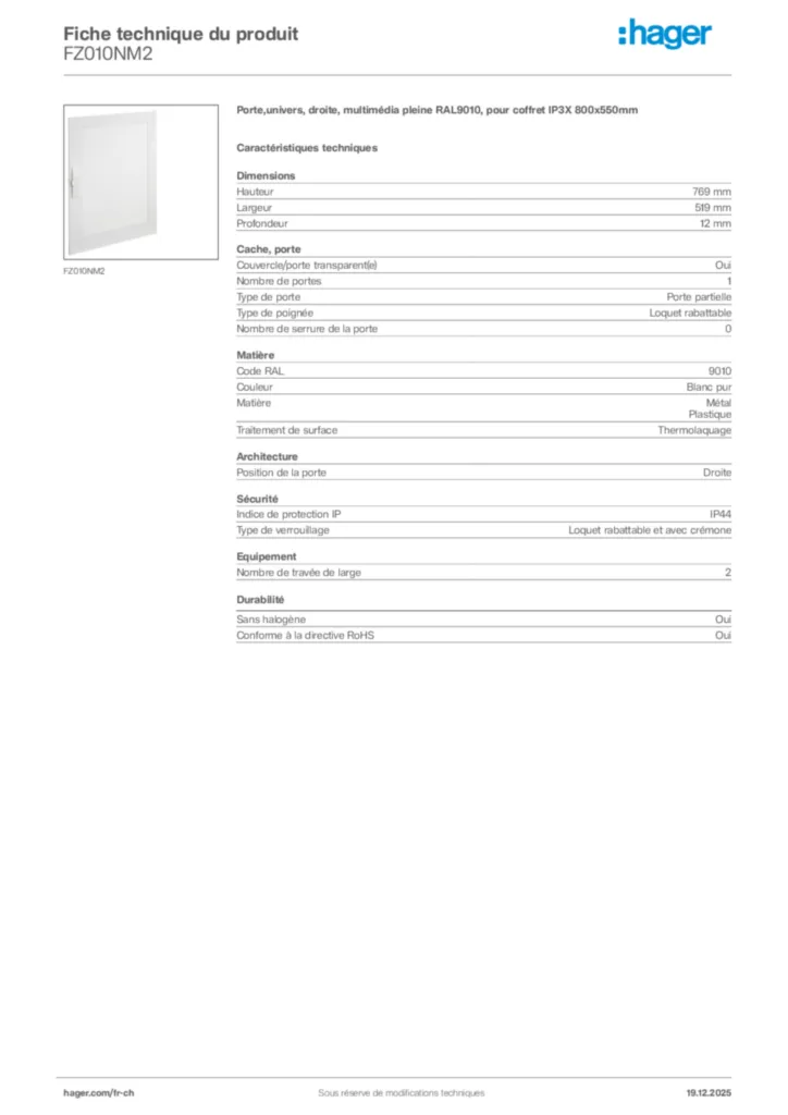 Image Hager Fiche technique du produit FZ010NM2 | Hager Suisse