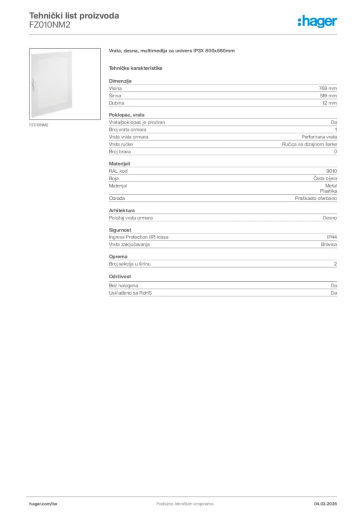 Slika Hager Tehnički list proizvoda FZ010NM2  | Hager