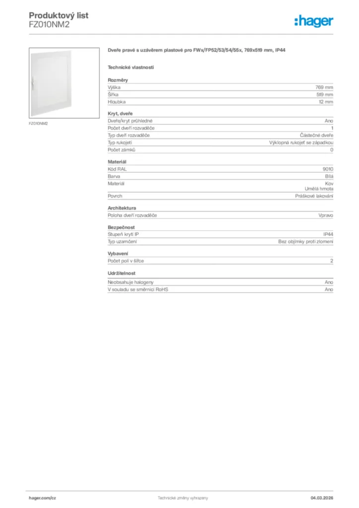 Obrázek Hager Product data sheet FZ010NM2 | Hager