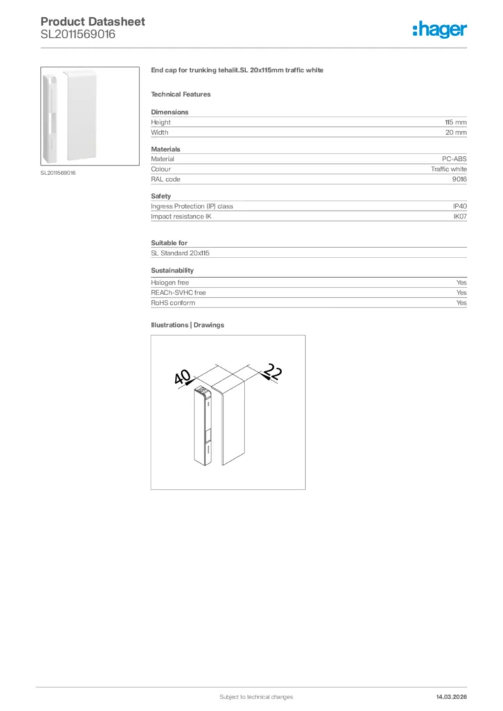 Image Hager Product data sheet SL2011569016  | Hager Africa