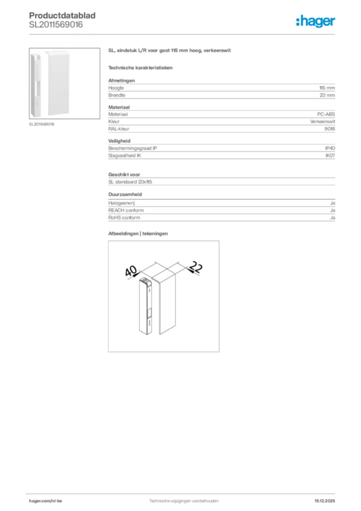 Afbeelding Hager Productdatablad SL2011569016 | Hager Belgium