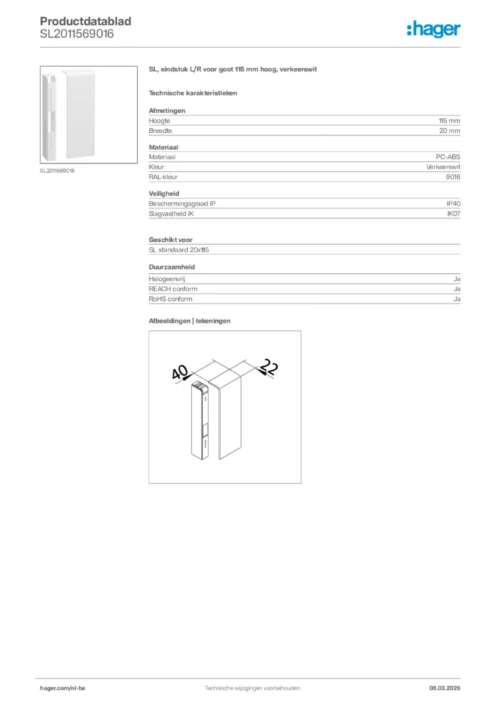 Afbeelding Hager Productdatablad SL2011569016 | Hager Belgium