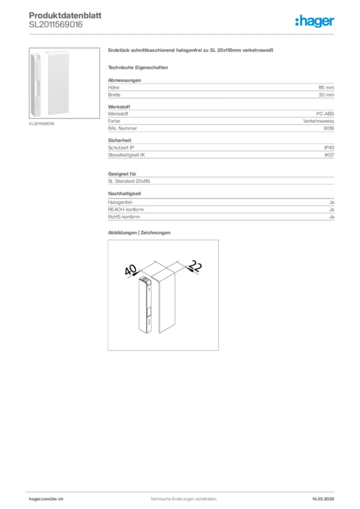 Bild Hager Produktdatenblatt SL2011569016 | Hager Schweiz