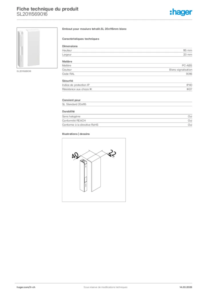 Image Hager Fiche technique du produit SL2011569016 | Hager Suisse
