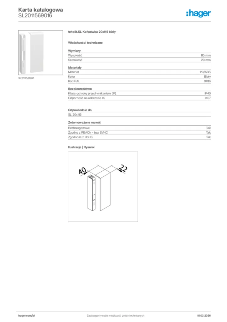 Zdjęcie Hager Karta katalogowa SL2011569016 | Hager Polska