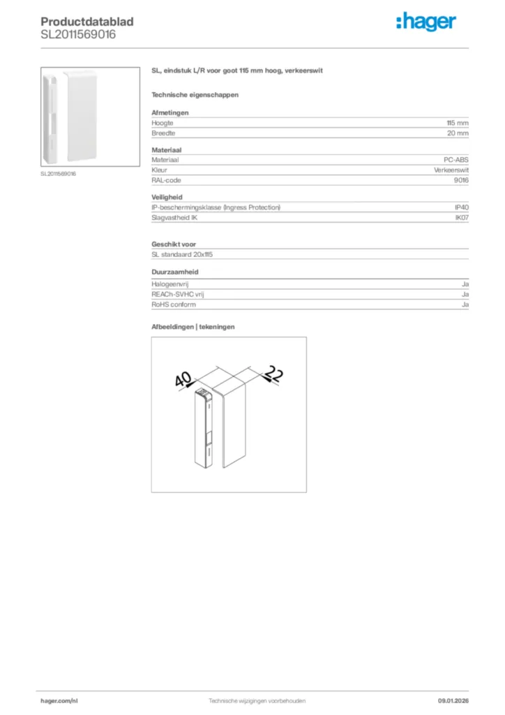 Afbeelding Hager Productdatablad SL2011569016 | Hager Nederland