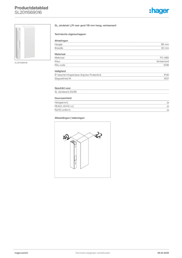 Afbeelding Hager Productdatablad SL2011569016 | Hager Nederland