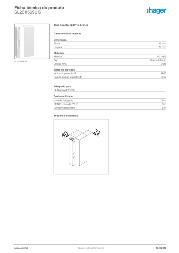 Imagem Hager Ficha técnica do produto SL2011569016 | Hager Portugal