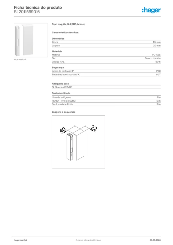 Imagem Hager Ficha técnica do produto SL2011569016 | Hager Portugal