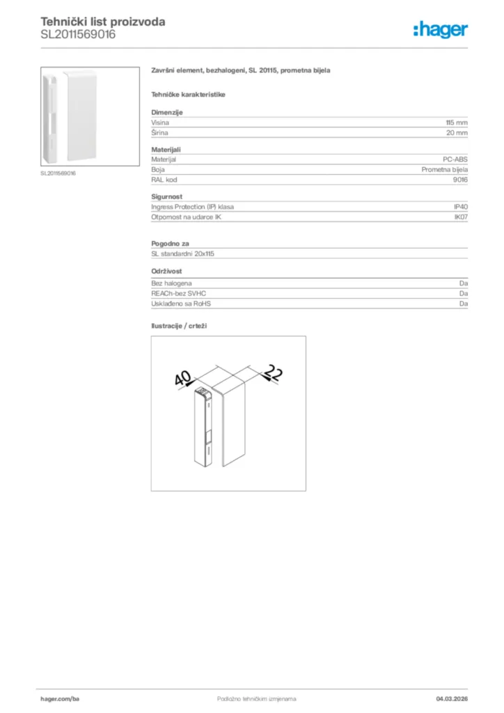 Slika Hager Tehnički list proizvoda SL2011569016  | Hager