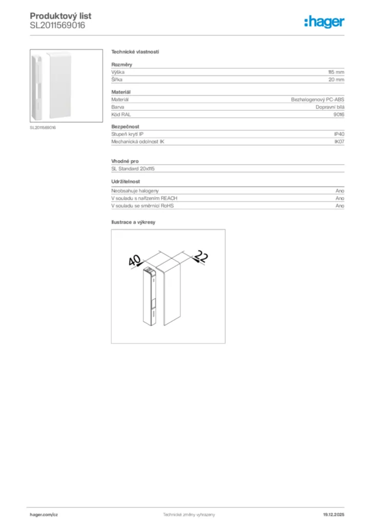 Obrázek Hager Produktový list SL2011569016 | Hager