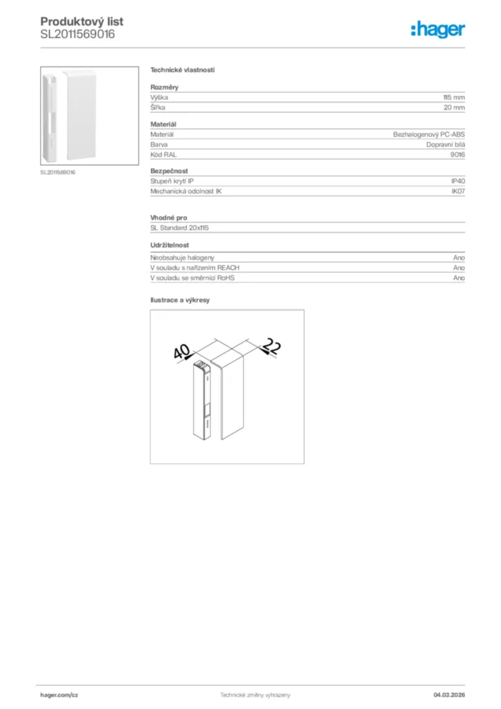 Obrázek Hager Product data sheet SL2011569016 | Hager