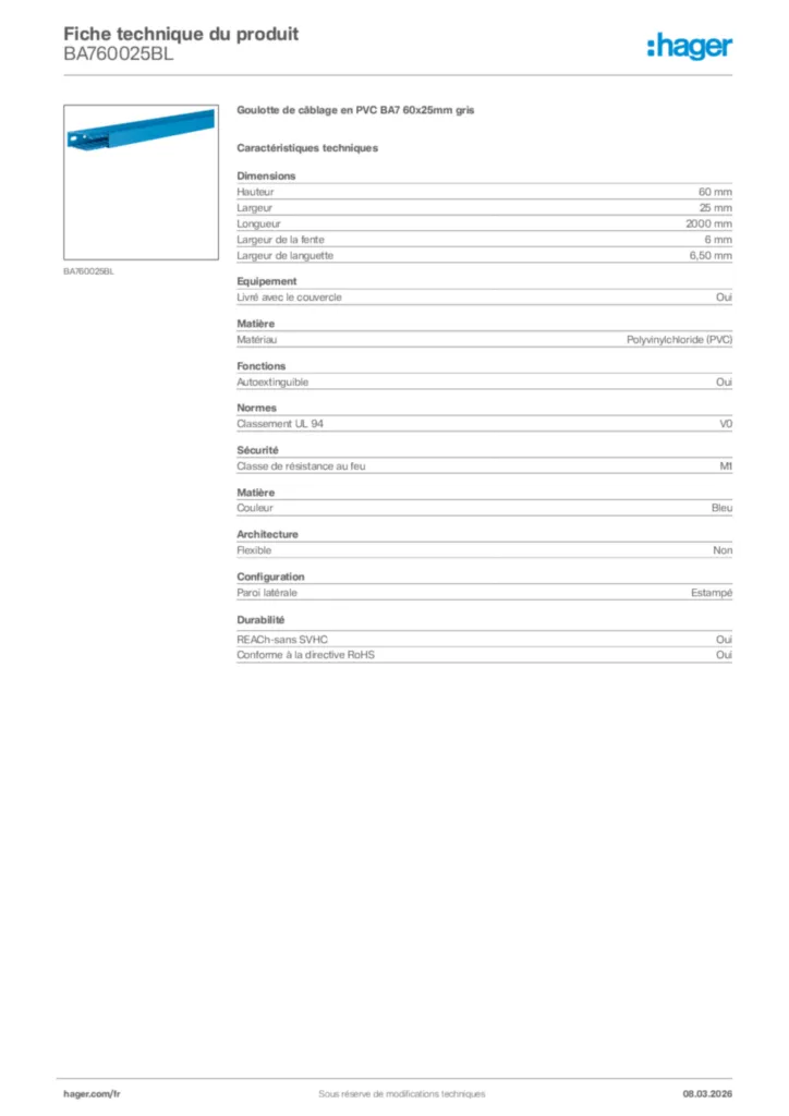Image Hager Fiche technique du produit BA760025BL | Hager France