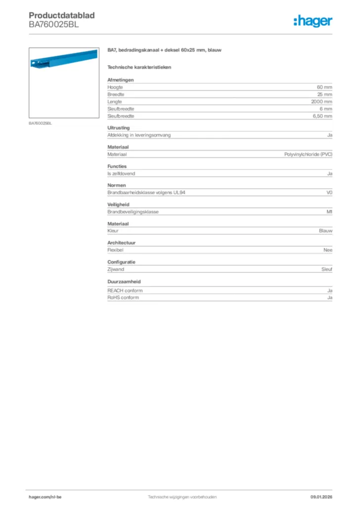 Afbeelding Hager Productdatablad BA760025BL | Hager Belgium