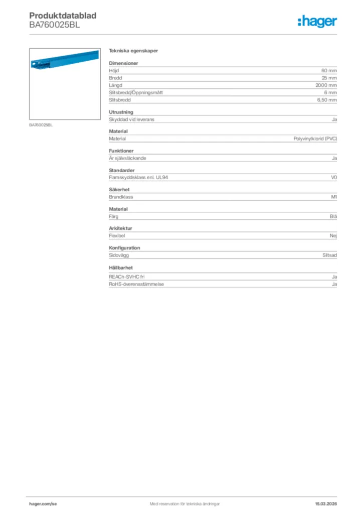 Bild Hager Produktdatablad BA760025BL | Hager Sverige