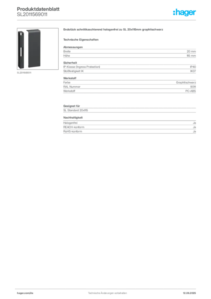 Bild Hager Produktdatenblatt SL2011569011 | Hager Deutschland