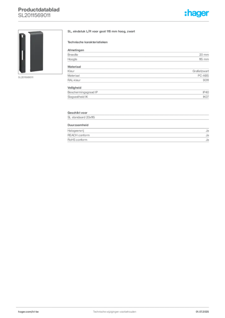 Afbeelding Hager Productdatablad SL2011569011 | Hager Belgium