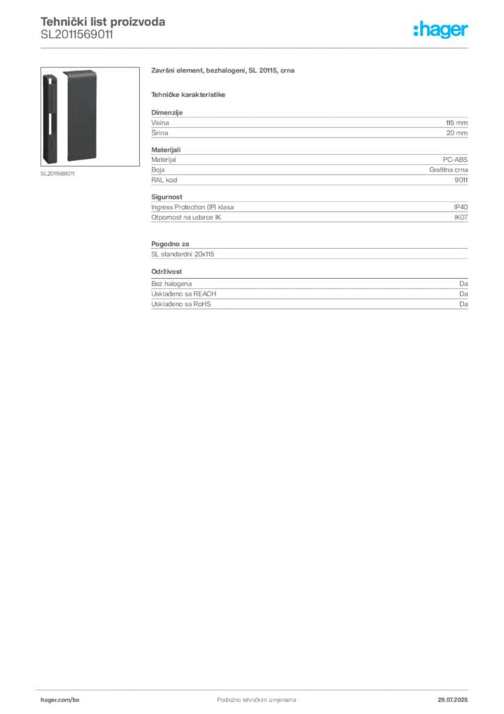 Slika Hager Product data sheet SL2011569011  | Hager