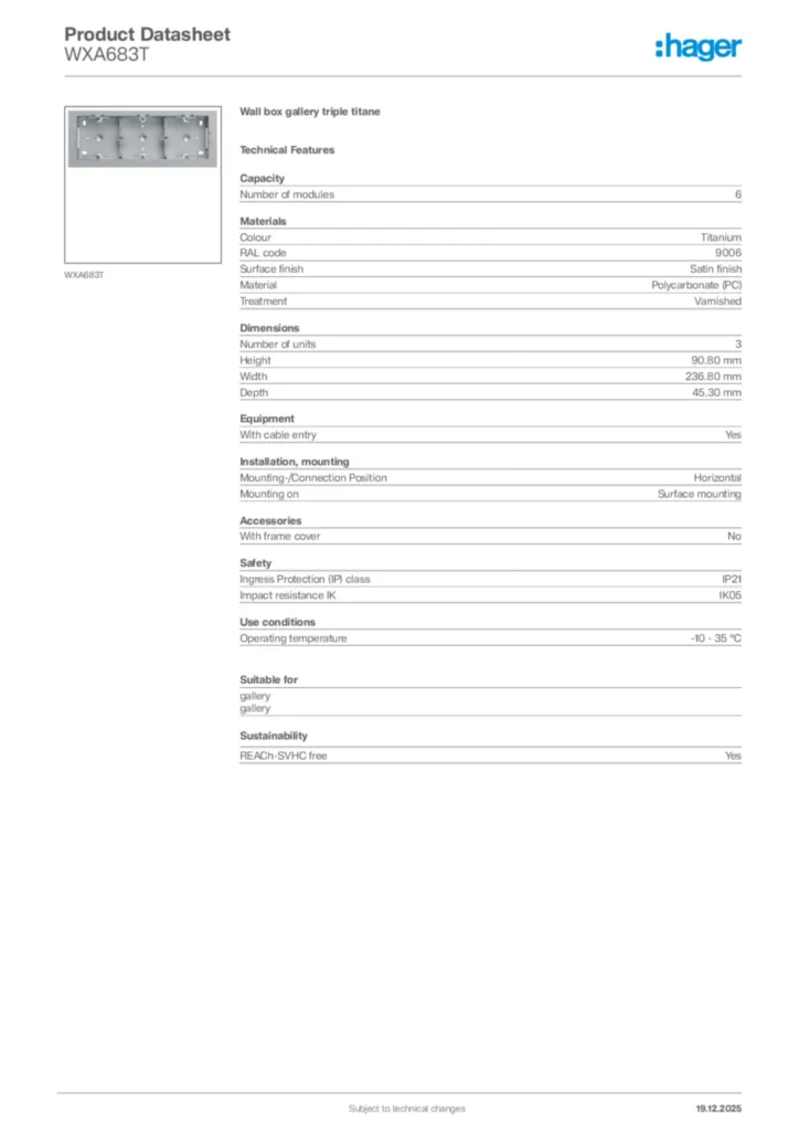 Image Hager Product data sheet WXA683T  | Hager Africa