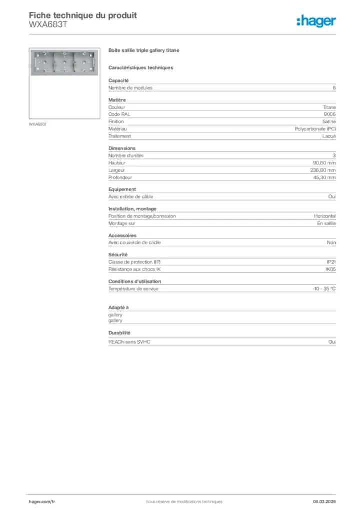 Image Hager Fiche technique du produit WXA683T | Hager France