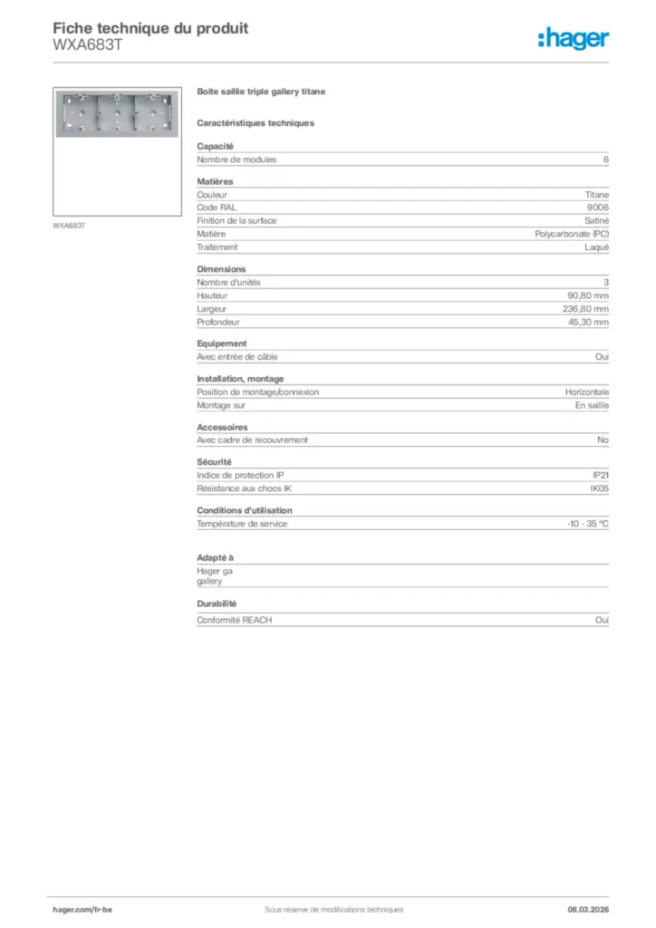 Image Hager Fiche technique du produit WXA683T | Hager Belgique