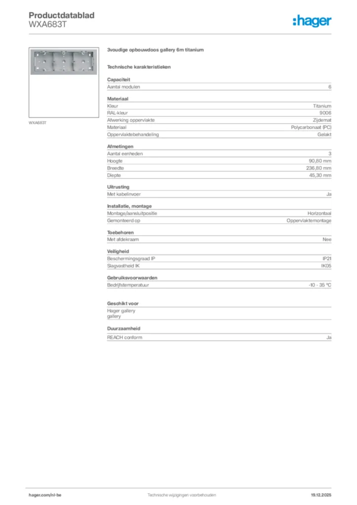 Afbeelding Hager Productdatablad WXA683T | Hager Belgium