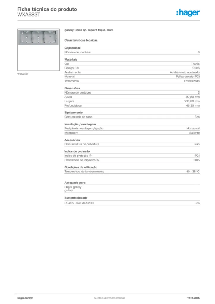 Imagem Hager Ficha técnica do produto WXA683T | Hager Portugal