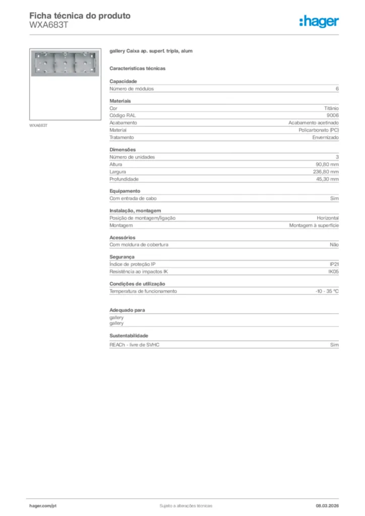 Imagem Hager Ficha técnica do produto WXA683T | Hager Portugal