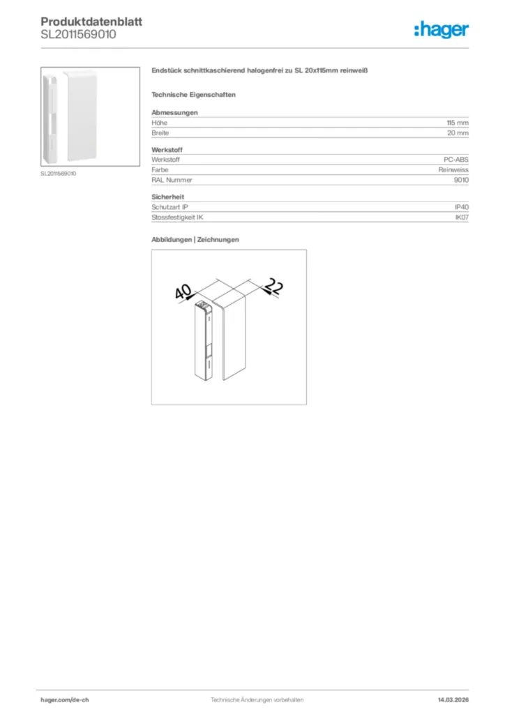 Bild Hager Produktdatenblatt SL2011569010 | Hager Schweiz