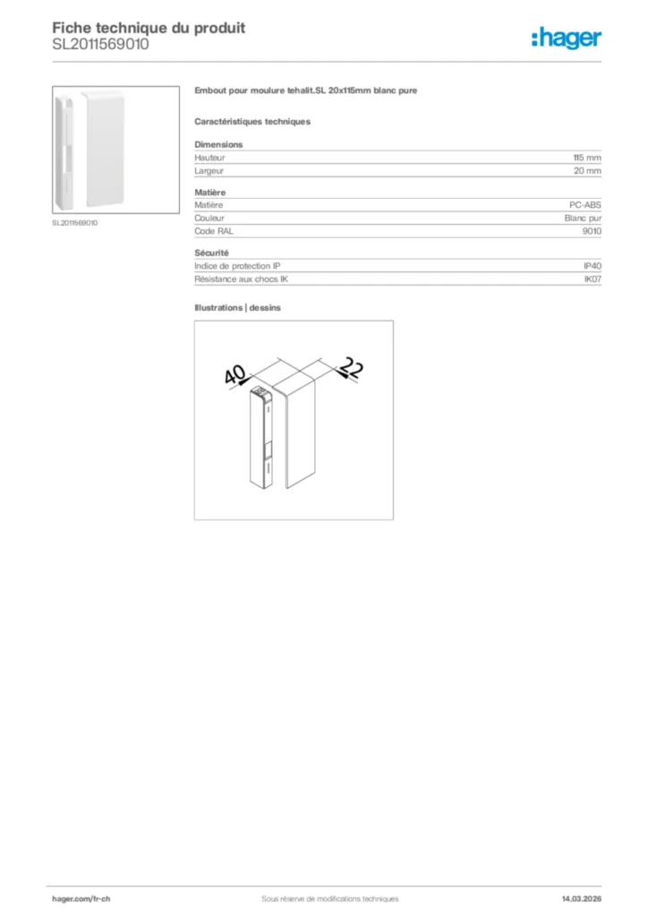Image Hager Fiche technique du produit SL2011569010 | Hager Suisse