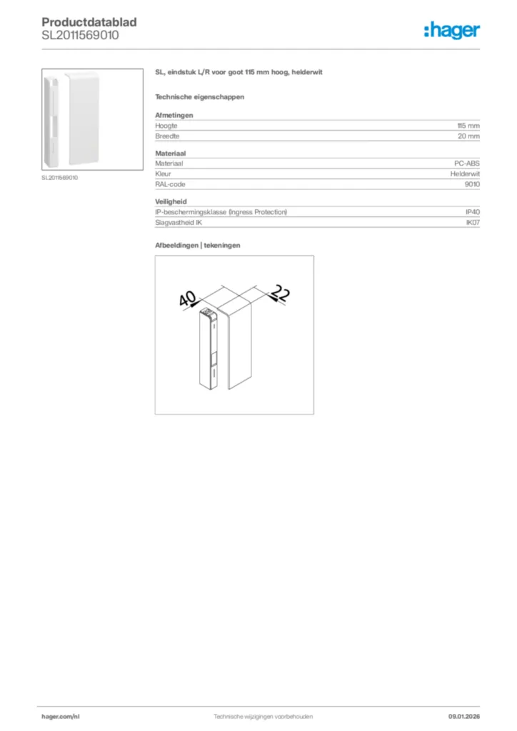 Afbeelding Hager Productdatablad SL2011569010 | Hager Nederland