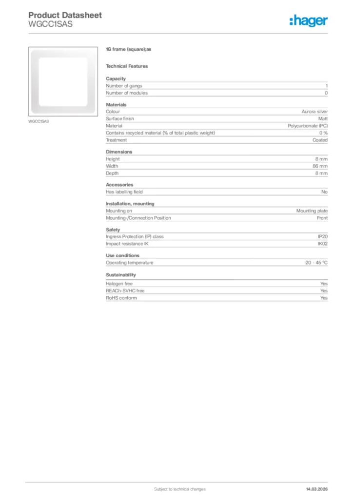 Image Hager Product data sheet WGCC1SAS  | Hager Africa