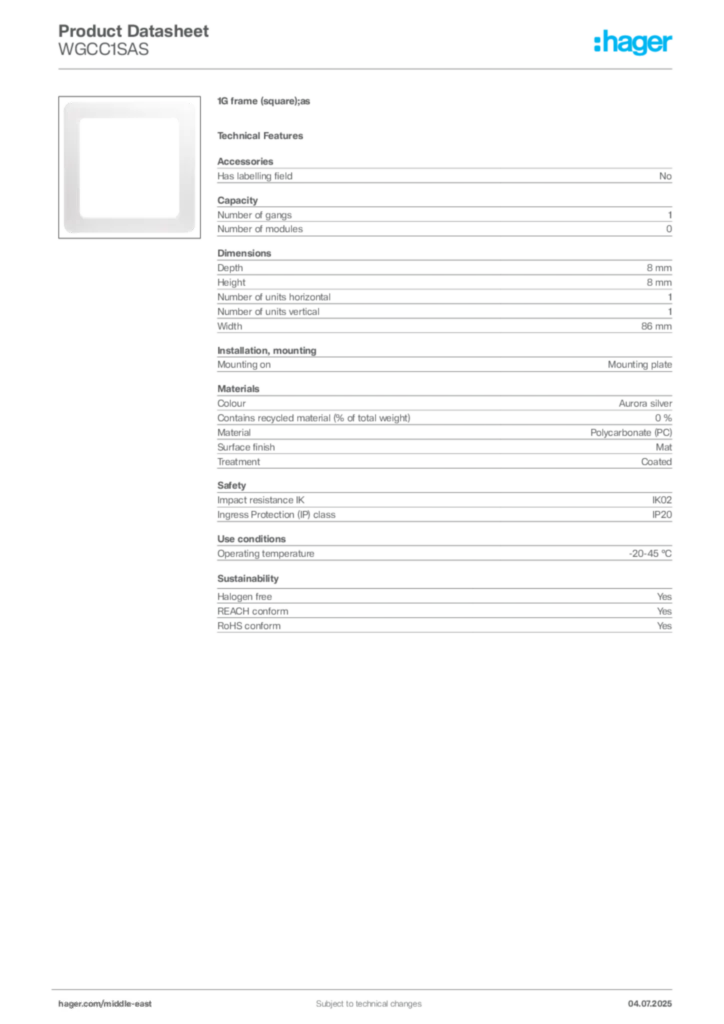 Image Hager Product data sheet WGCC1SAS  | Hager
