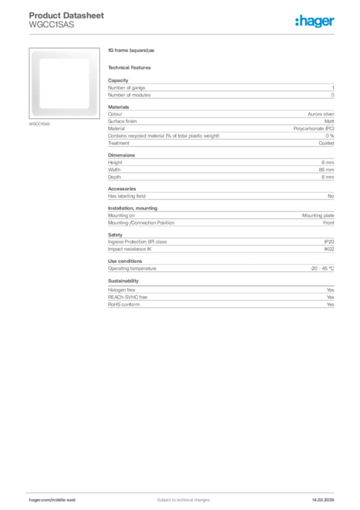 Image Hager Product data sheet WGCC1SAS  | Hager